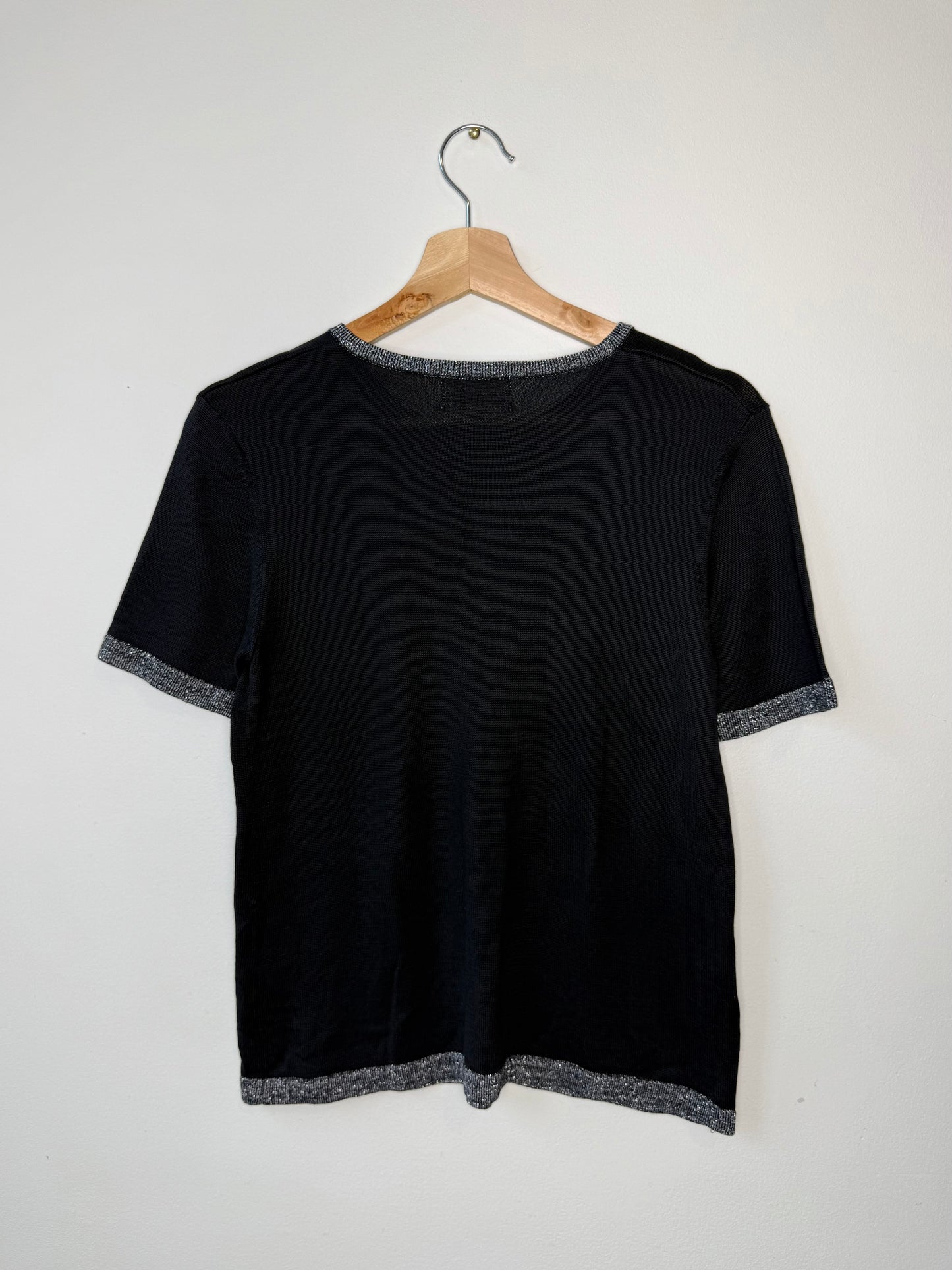 Vintage Kasper Women's Black Short-Sleeve Knit Top with Silver Trim