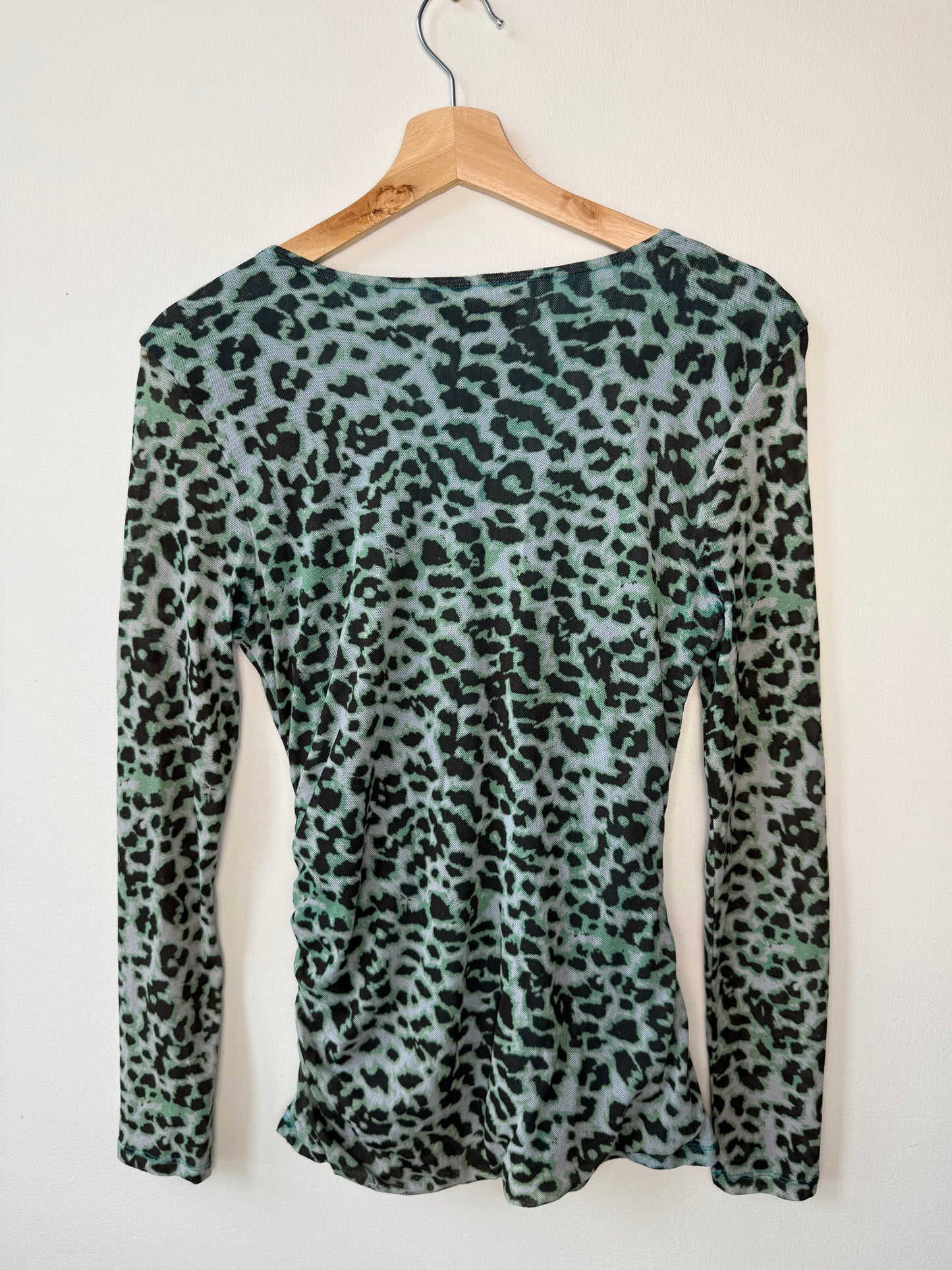 Jessica Women's Green Leopard Print Mesh Long-Sleeve Top