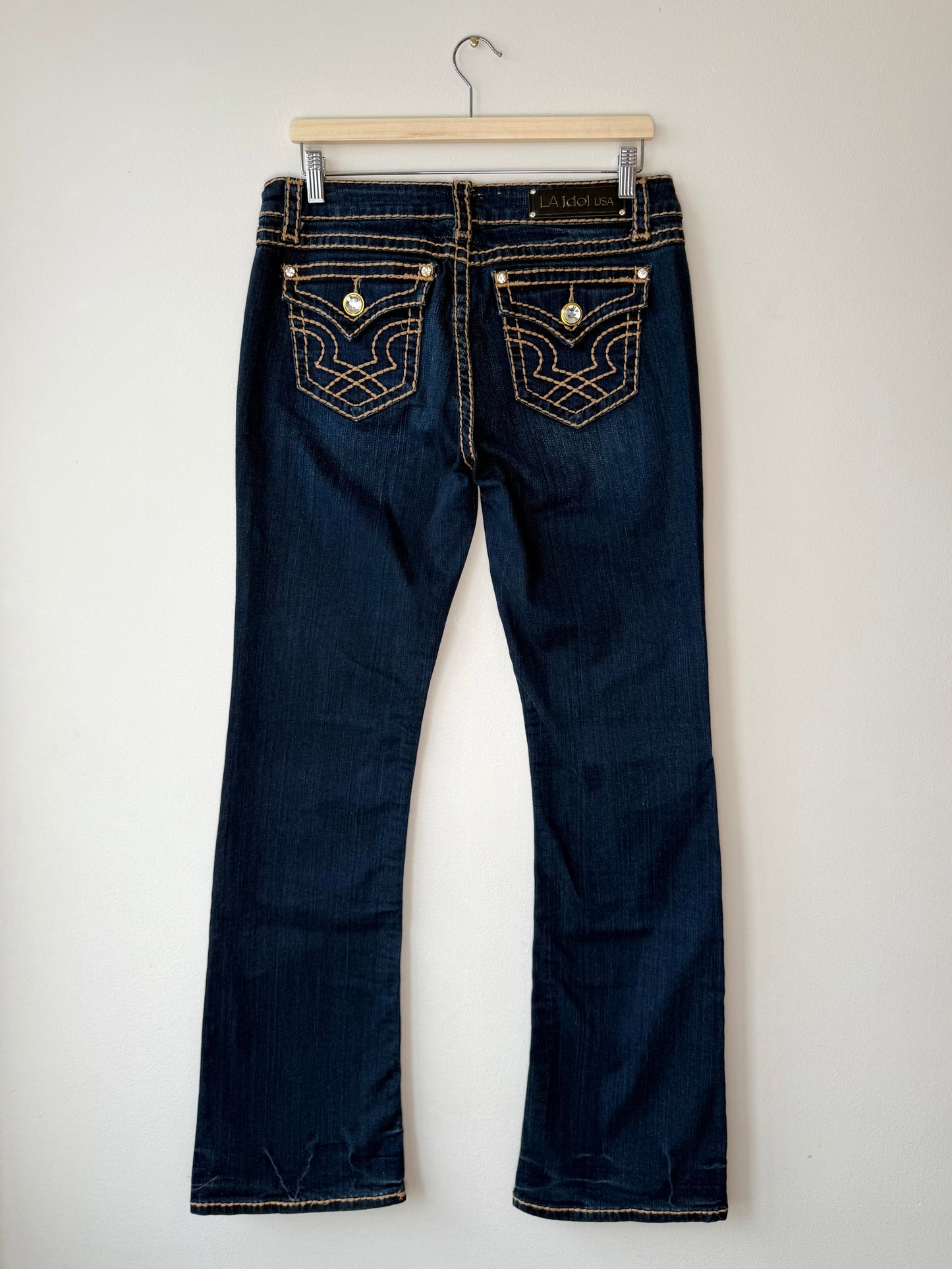 Y2K LA Idol Women's Dark Blue Denim Jeans with Bold Brown Stitching