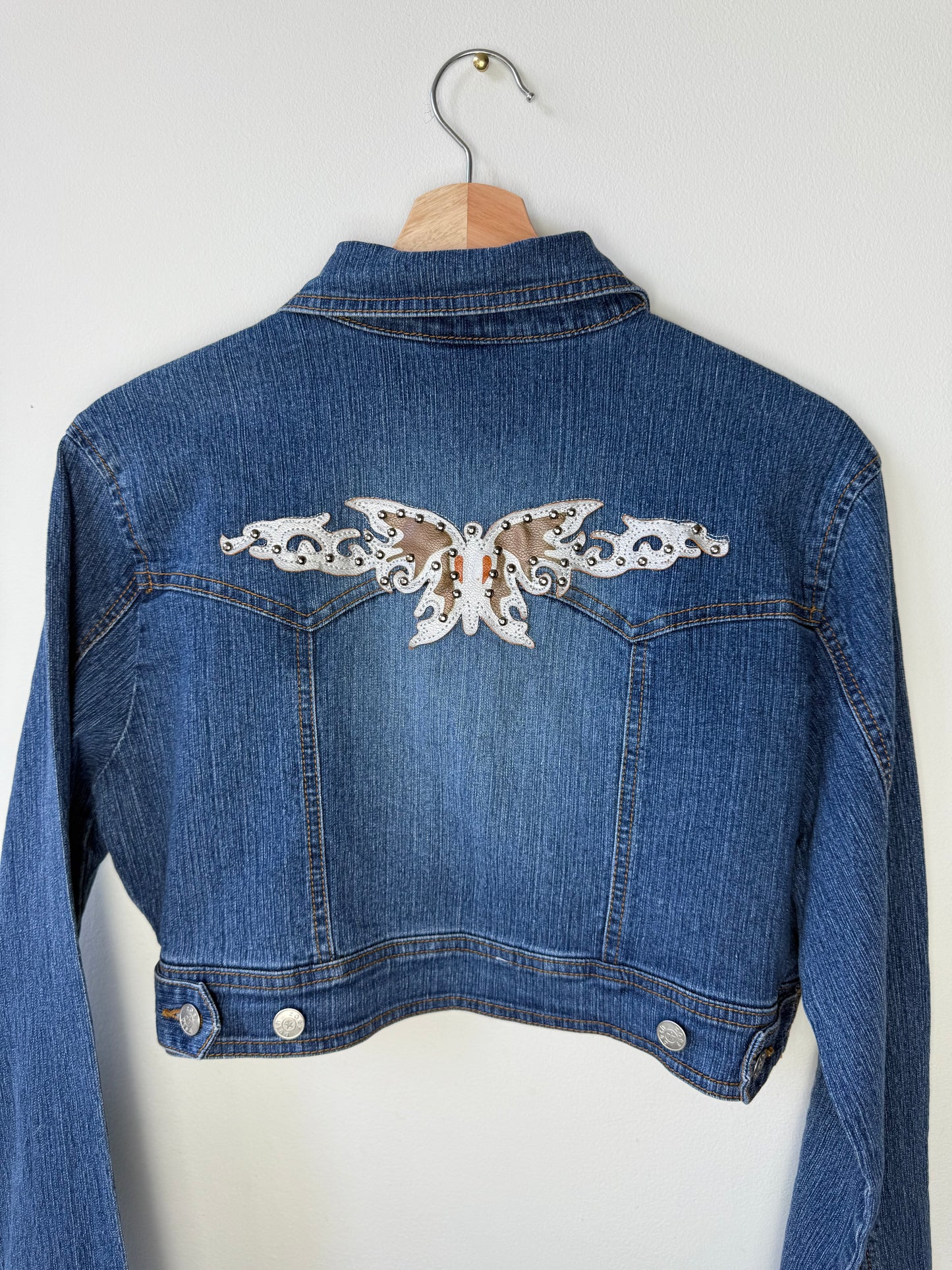 Y2K Zoey Beth Women's Cropped Denim Jacket with Silver Butterfly Patch