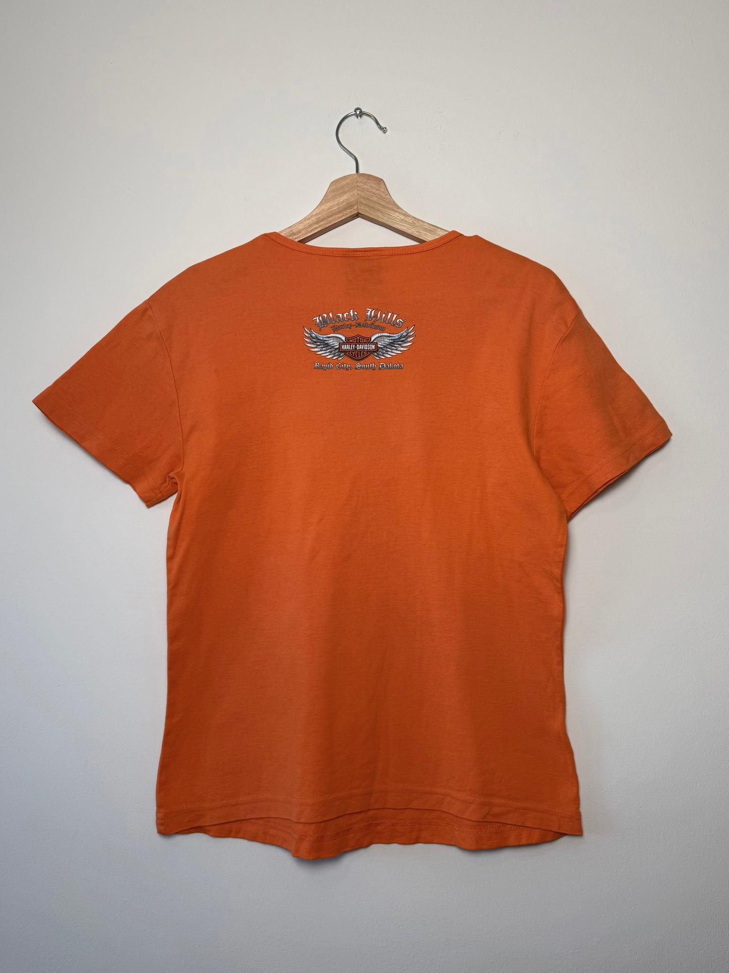 Y2K Harley Davidson Women's Orange Sturgis Rally T-shirt with Rhinestone Details