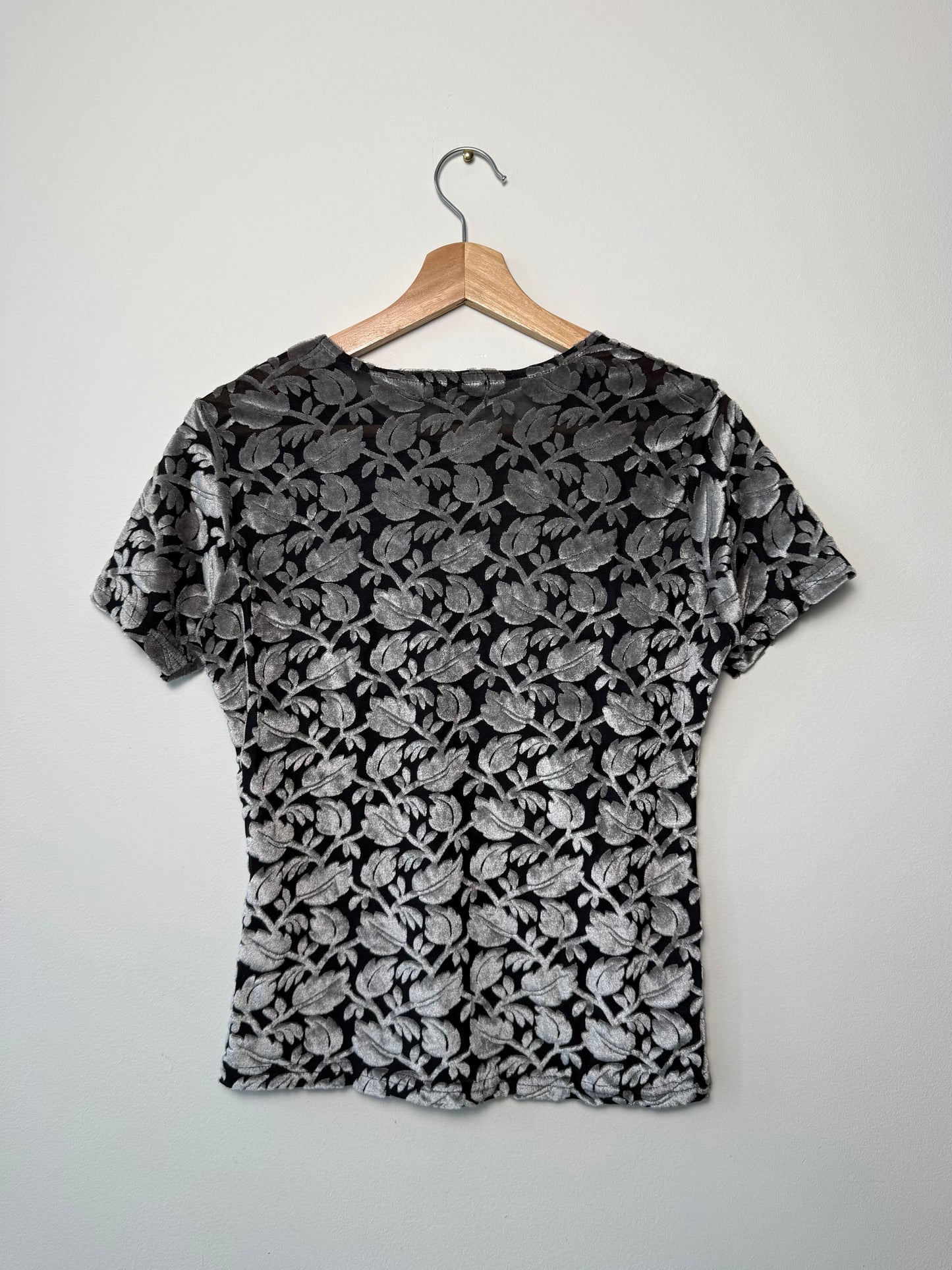 Vintage Frazier Lawrence Women's Silver & Black Floral Sheer Velvet Top