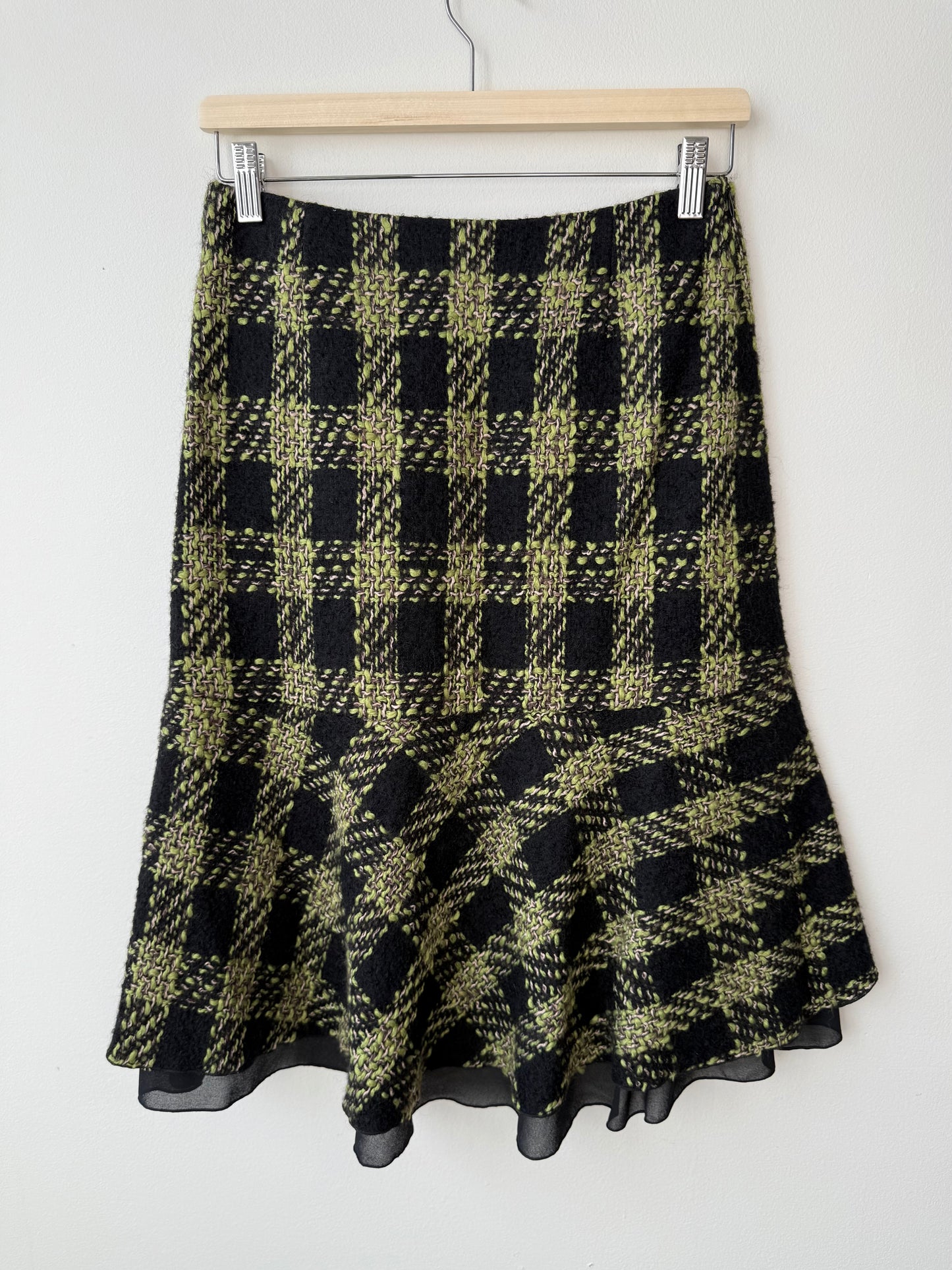 Unworn Y2K ENJOY Women's Black & Lime Green Plaid Tweed Skirt