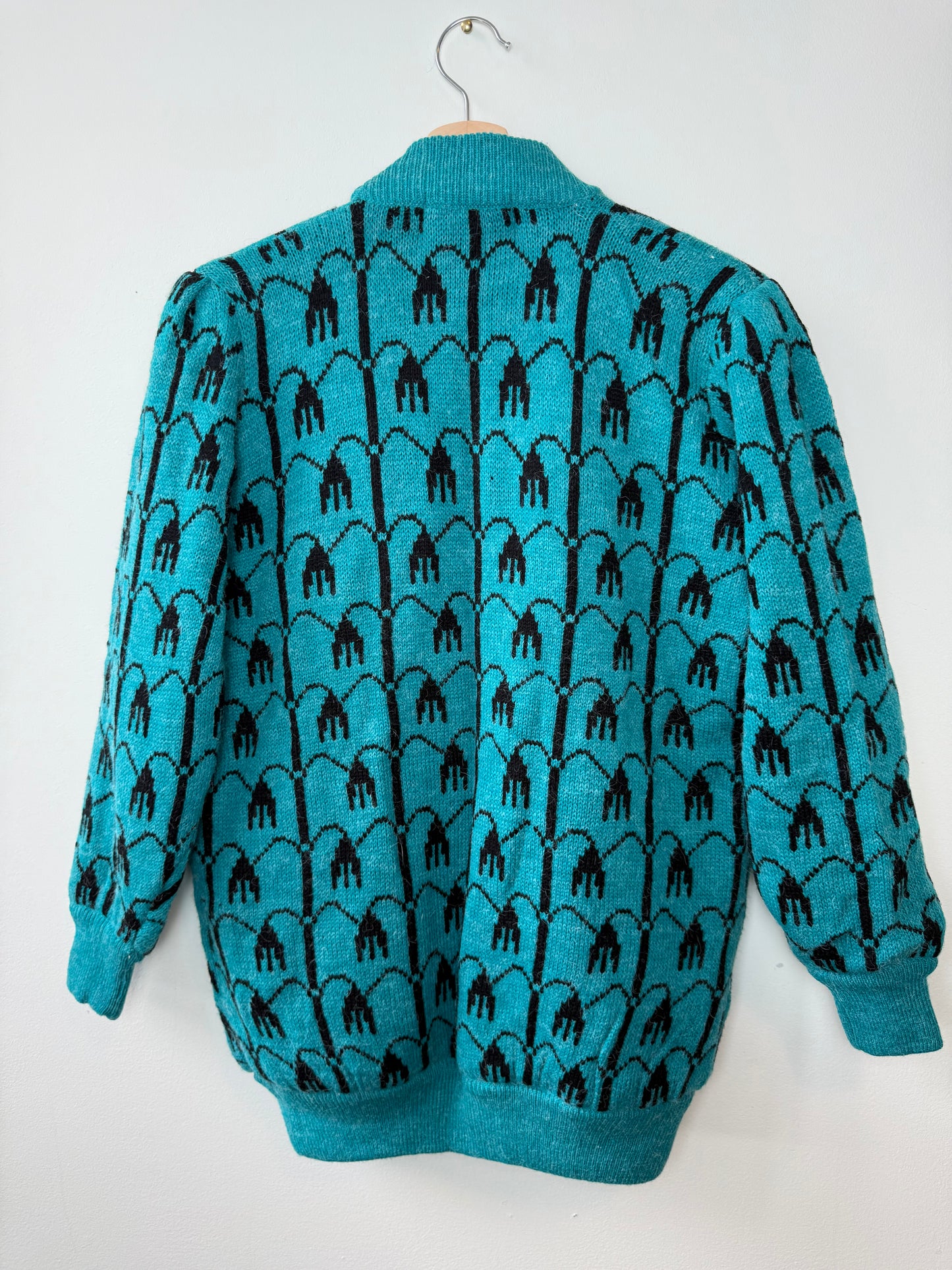 Vintage Women's Teal & Black Sweater Cardigan with Floral Patterns