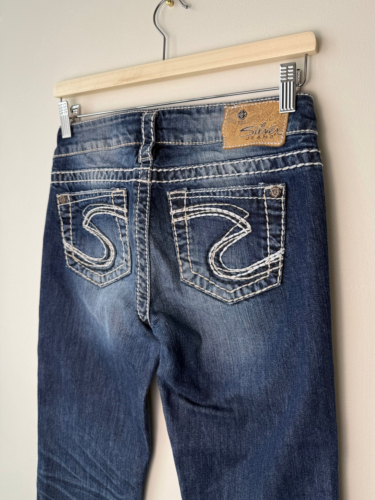 Y2K Silver Jeans Women's Blue Denim Jeans with White Stitching & Embroidery