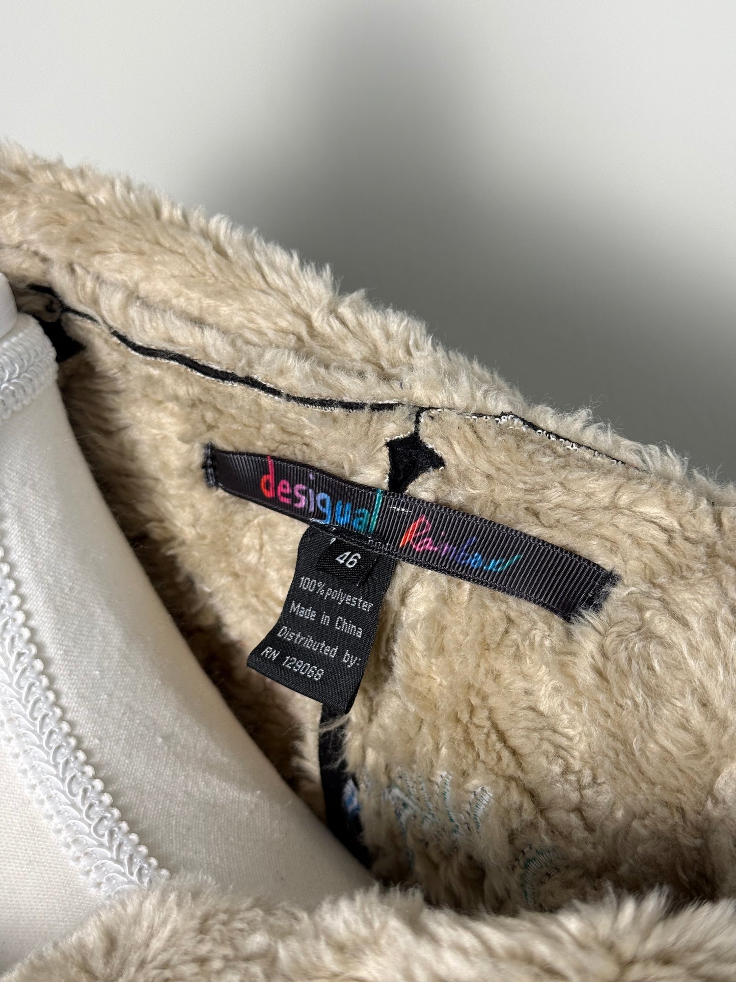 Y2K Desigual Rainbow Women's Black Faux Fur Black Jacket with Embroidery