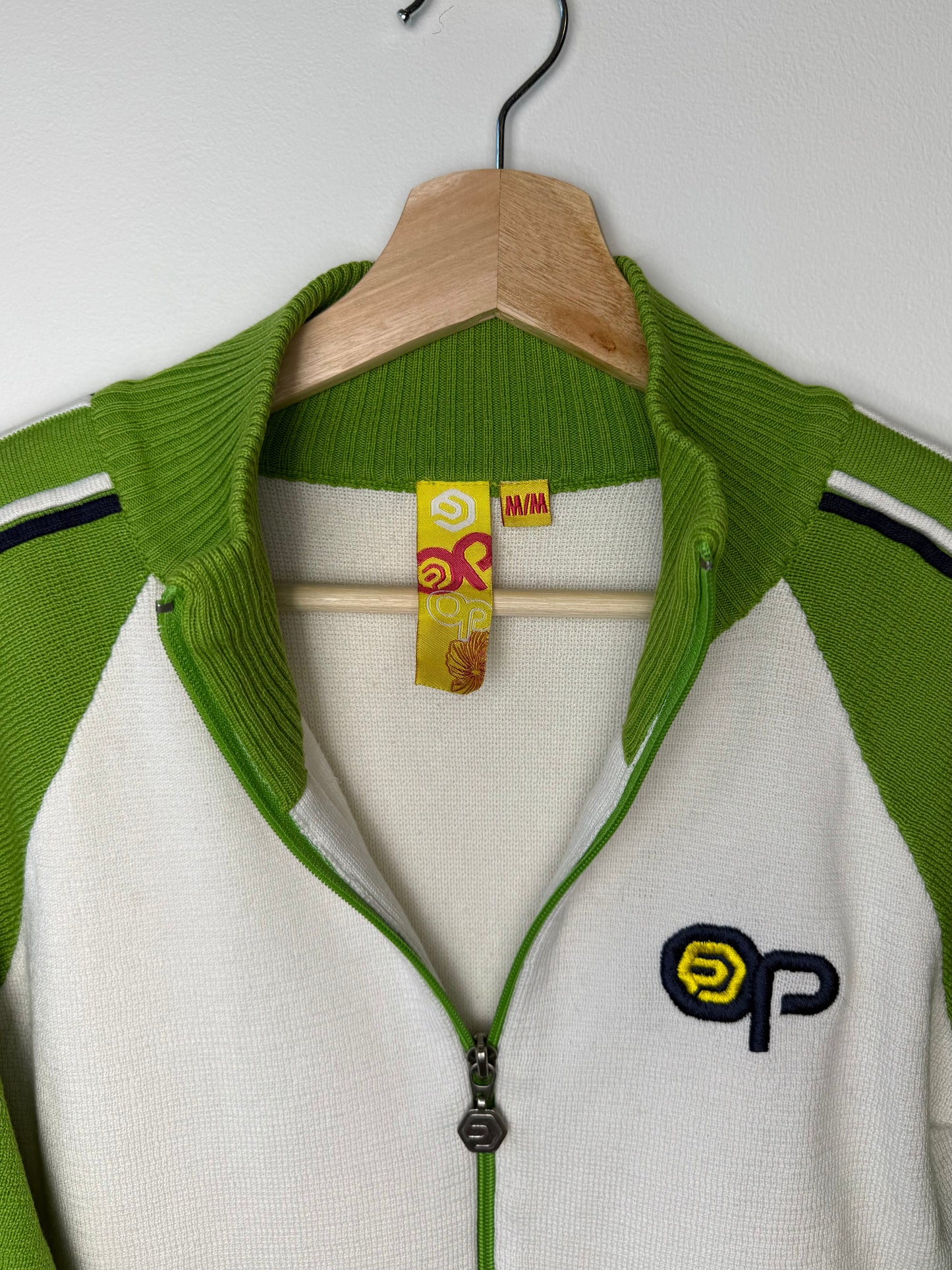 Y2K OP Women's Green & White Striped Zip-Up Sweater