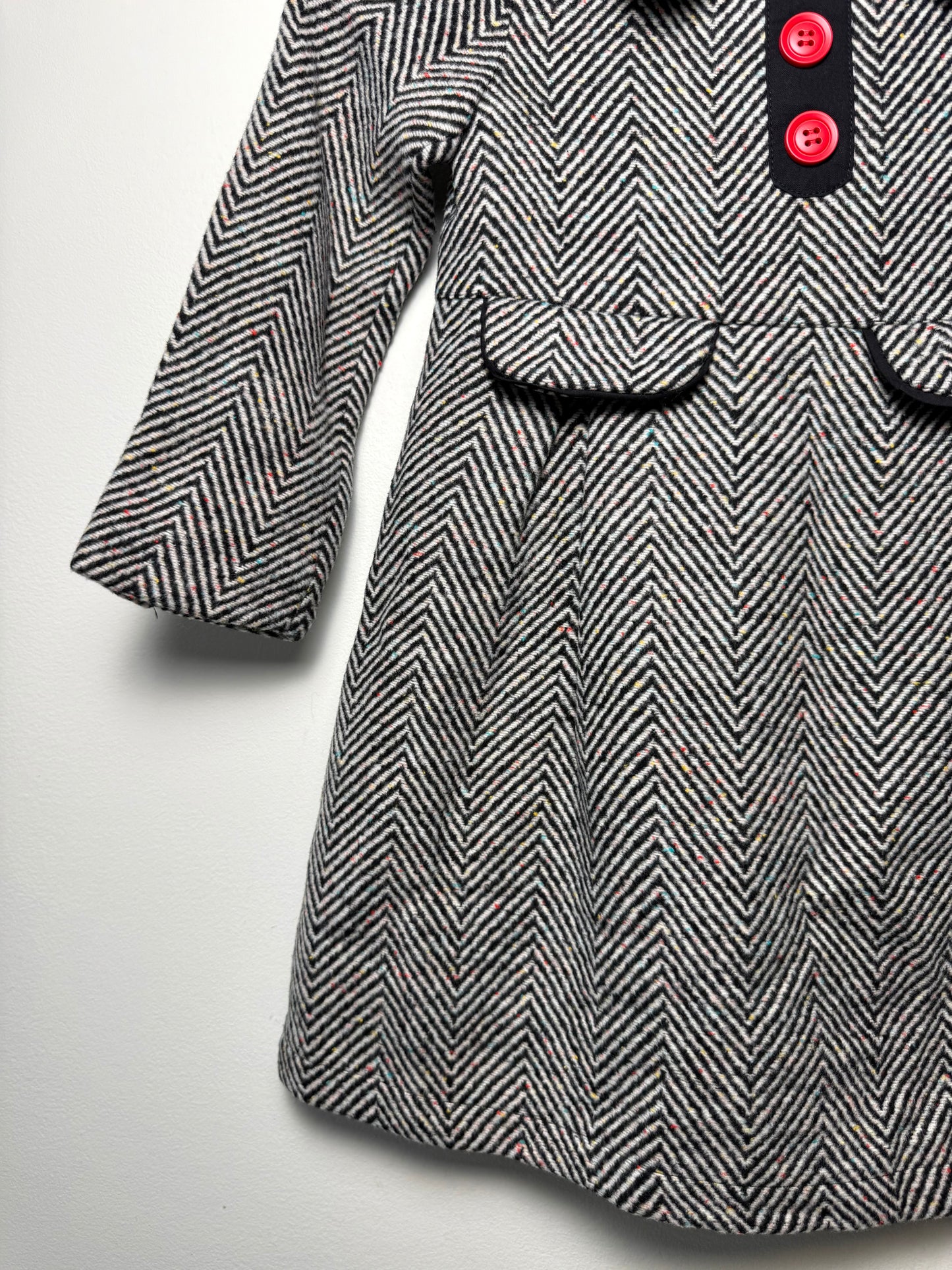 Unworn Y2K Memene Girls' Herringbone Tweed Dress Coat with Red Buttons