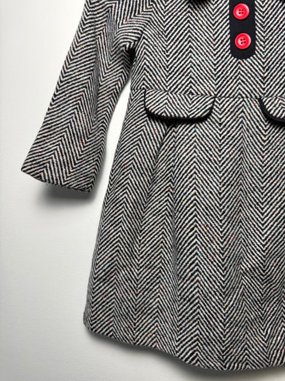 Unworn Y2K Memene Girls' Herringbone Tweed Dress Coat with Red Buttons