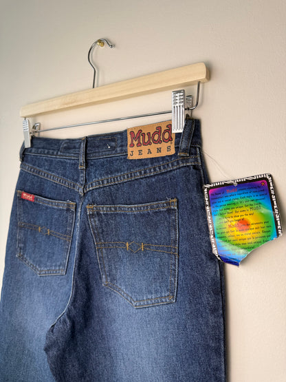 Unworn Vintage Y2K Mudd Girl's Dark Wash Flared Jeans with Silver Eyelets