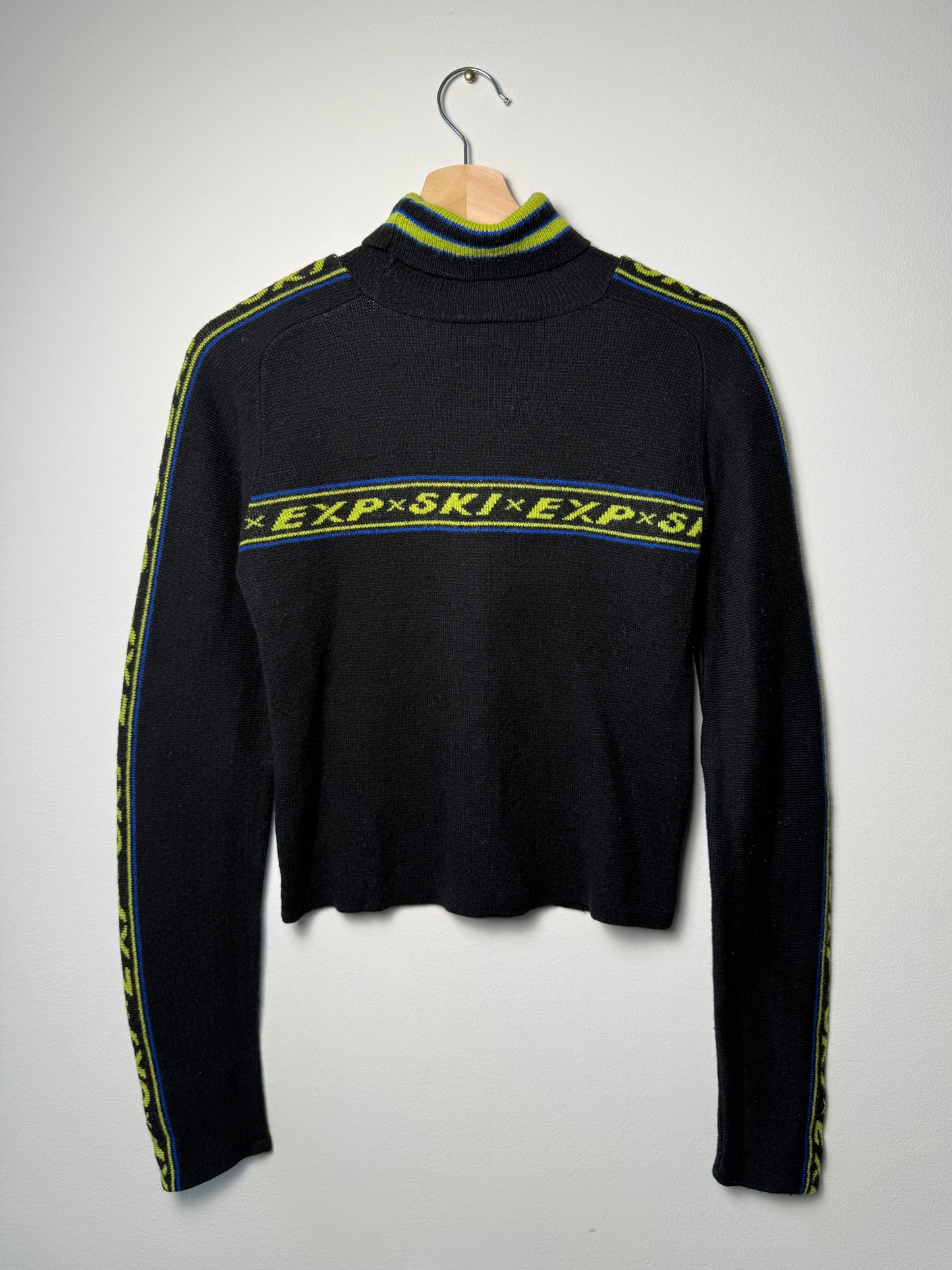 Y2K EXPRESS TRICOT Women's Black Sweater with Lime Green & Blue Stripes