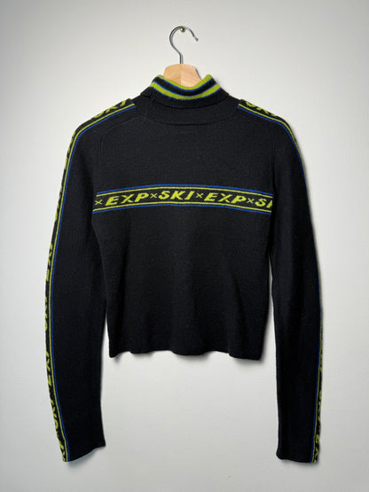 Y2K EXPRESS TRICOT Women's Black Sweater with Lime Green & Blue Stripes