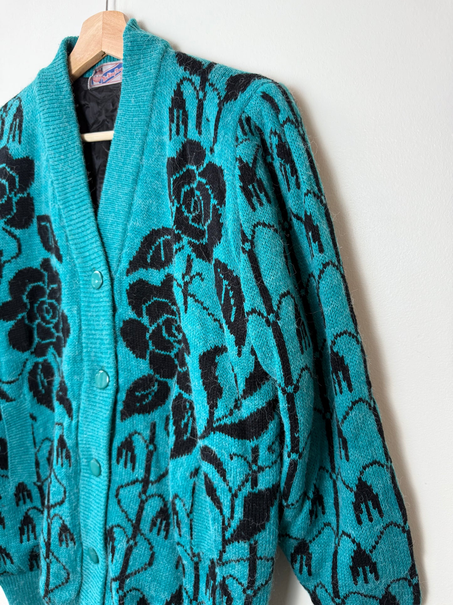 Vintage Women's Teal & Black Sweater Cardigan with Floral Patterns