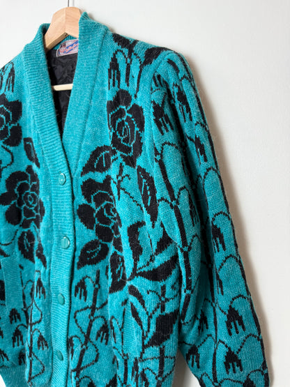 Vintage Women's Teal & Black Sweater Cardigan with Floral Patterns