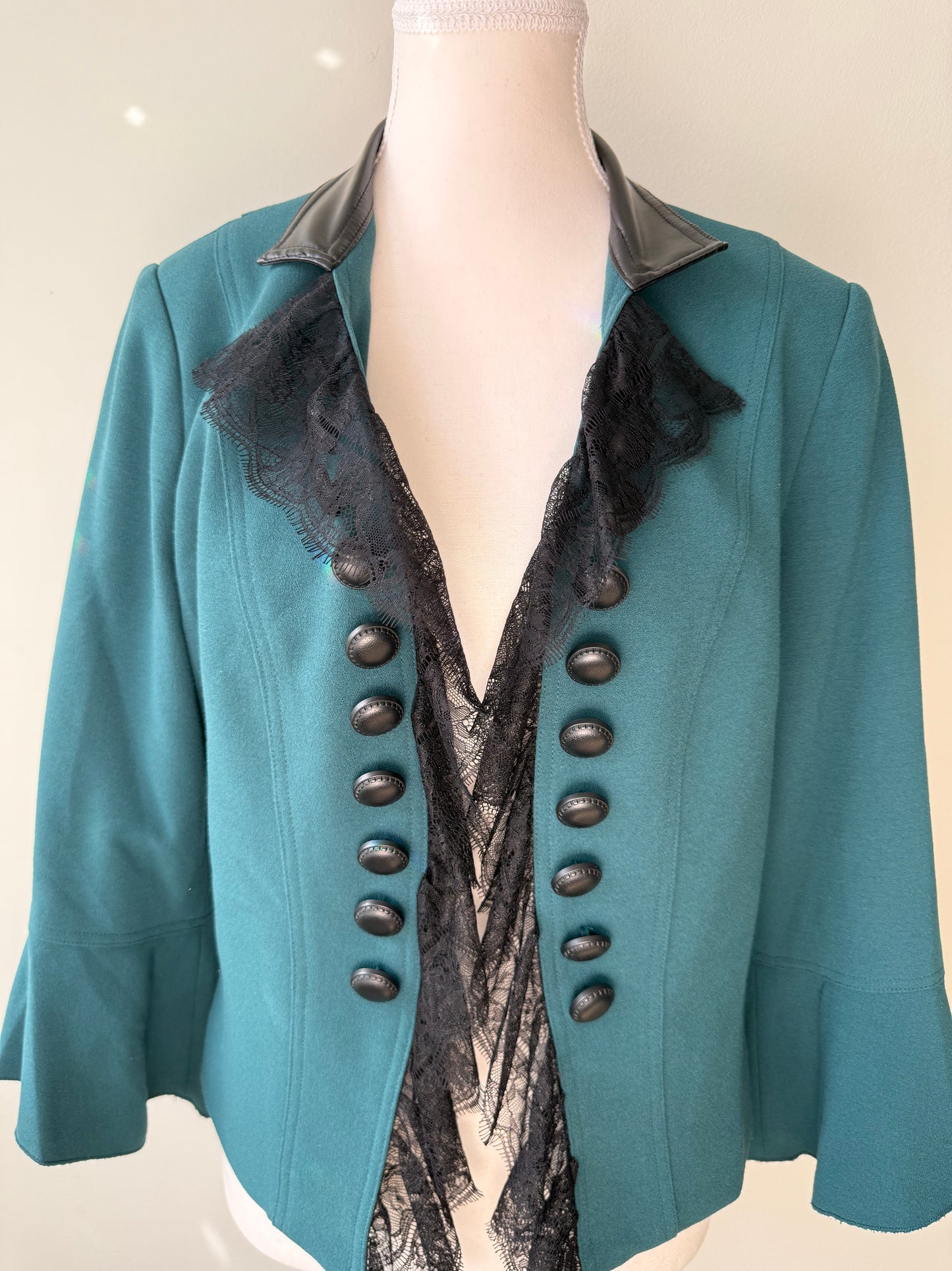 INSIGHT New York Women's Teal Jacket with Faux Leather Collar & Lace