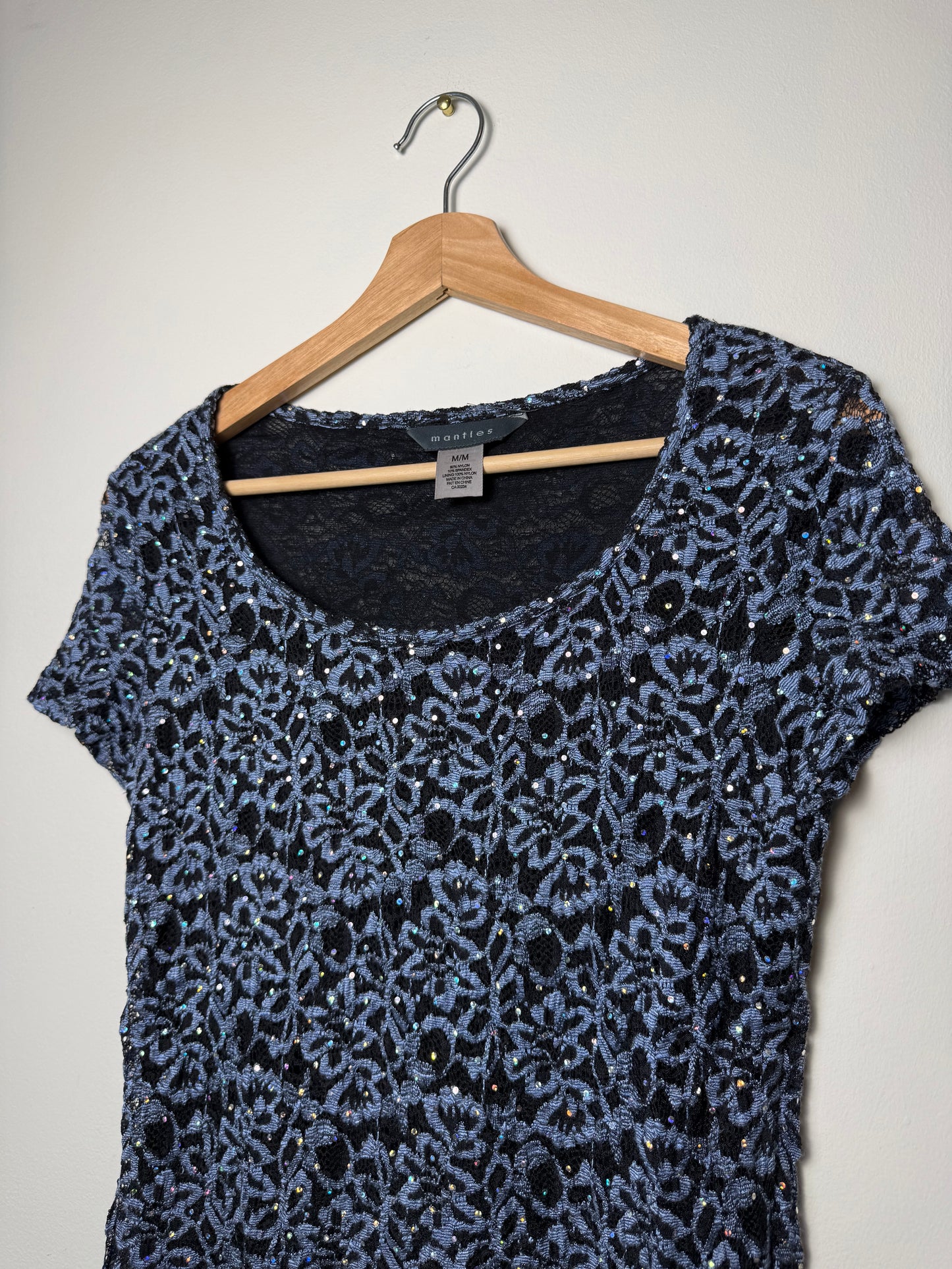 Y2K Mantles Women's Black & Blue Lace Short Sleeve Top with Rhinestones