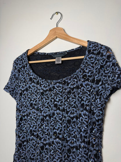 Y2K Mantles Women's Black & Blue Lace Short Sleeve Top with Rhinestones