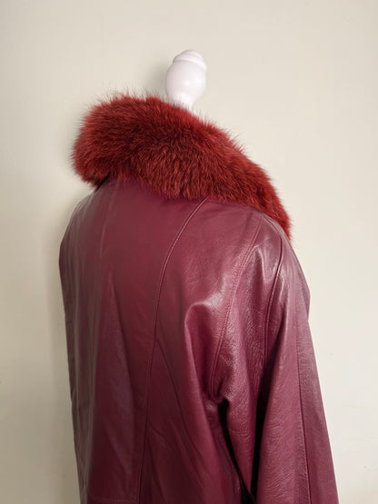 Vintage Women's Burgundy Leather Coat with Red Fur Collar