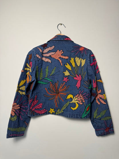 Vintage Y2K Women’s Chico's Open-Front Blue Denim Jacket with Colorful Floral Embroidery