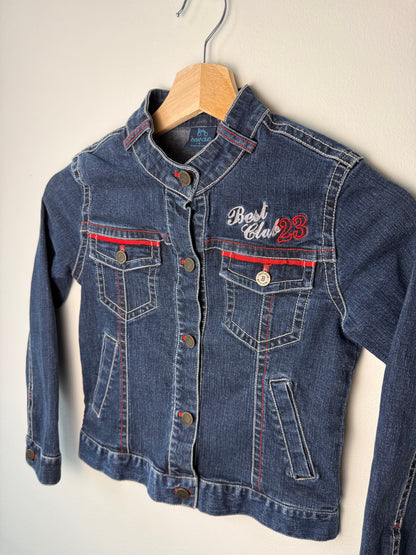 Y2K Best Club Kids' Dark Wash Denim Jacket with Red Stitching & Embroidery