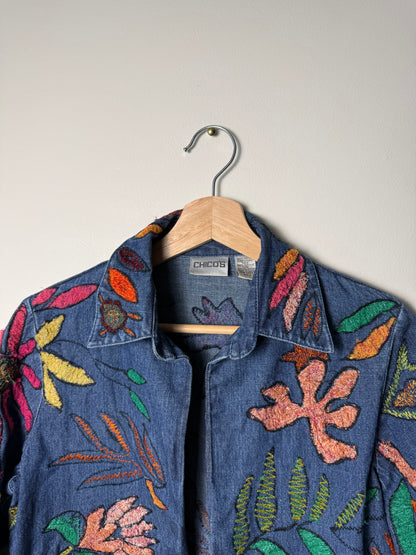 Vintage Y2K Women’s Chico's Open-Front Blue Denim Jacket with Colorful Floral Embroidery