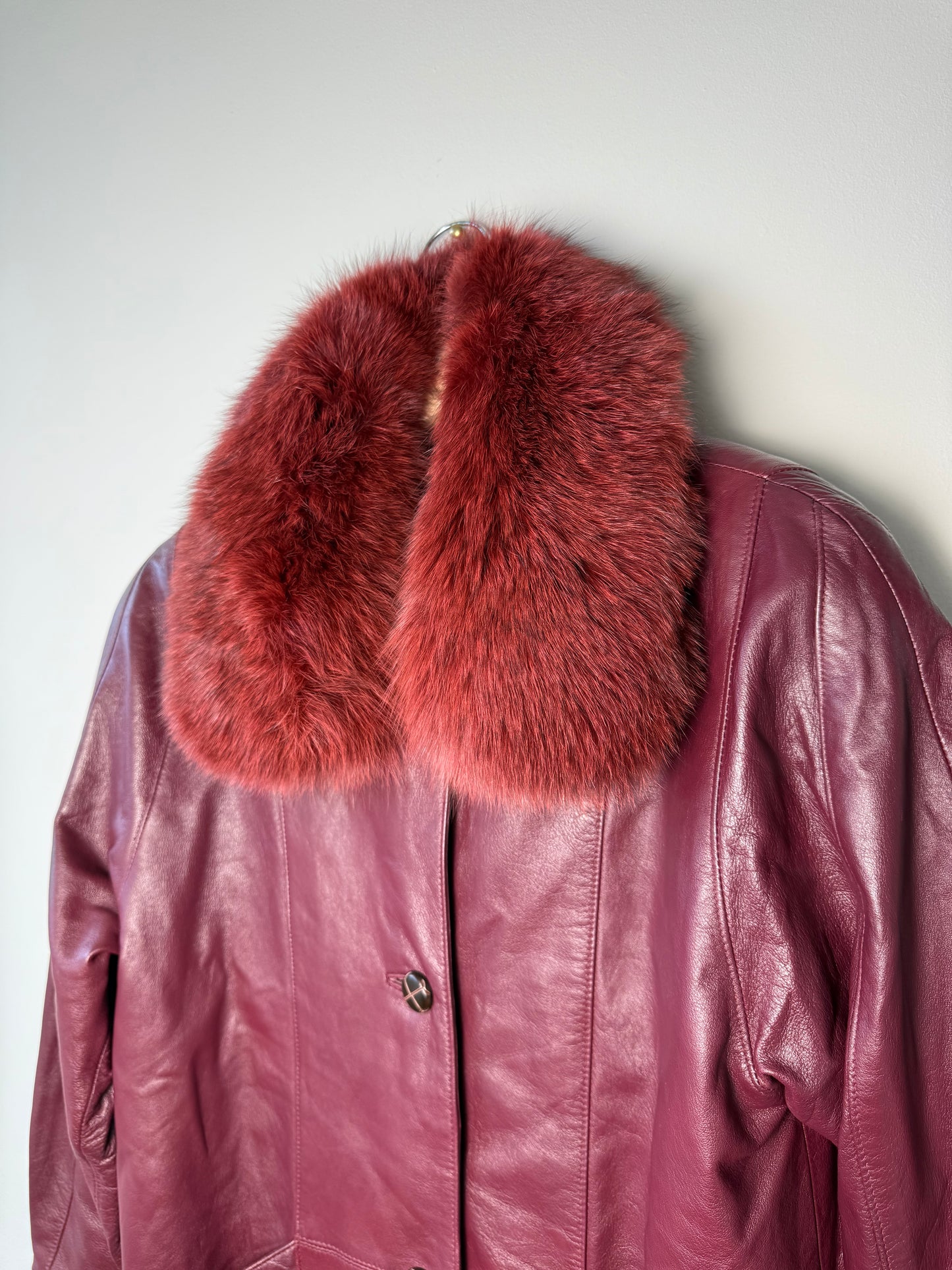 Vintage Women's Burgundy Leather Coat with Red Fur Collar