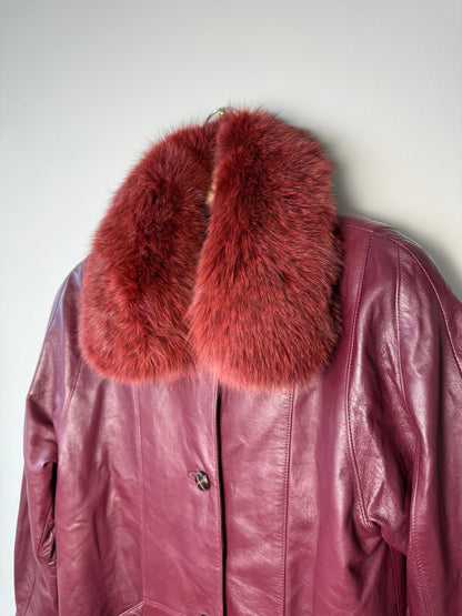 Vintage Women's Burgundy Leather Coat with Red Fur Collar