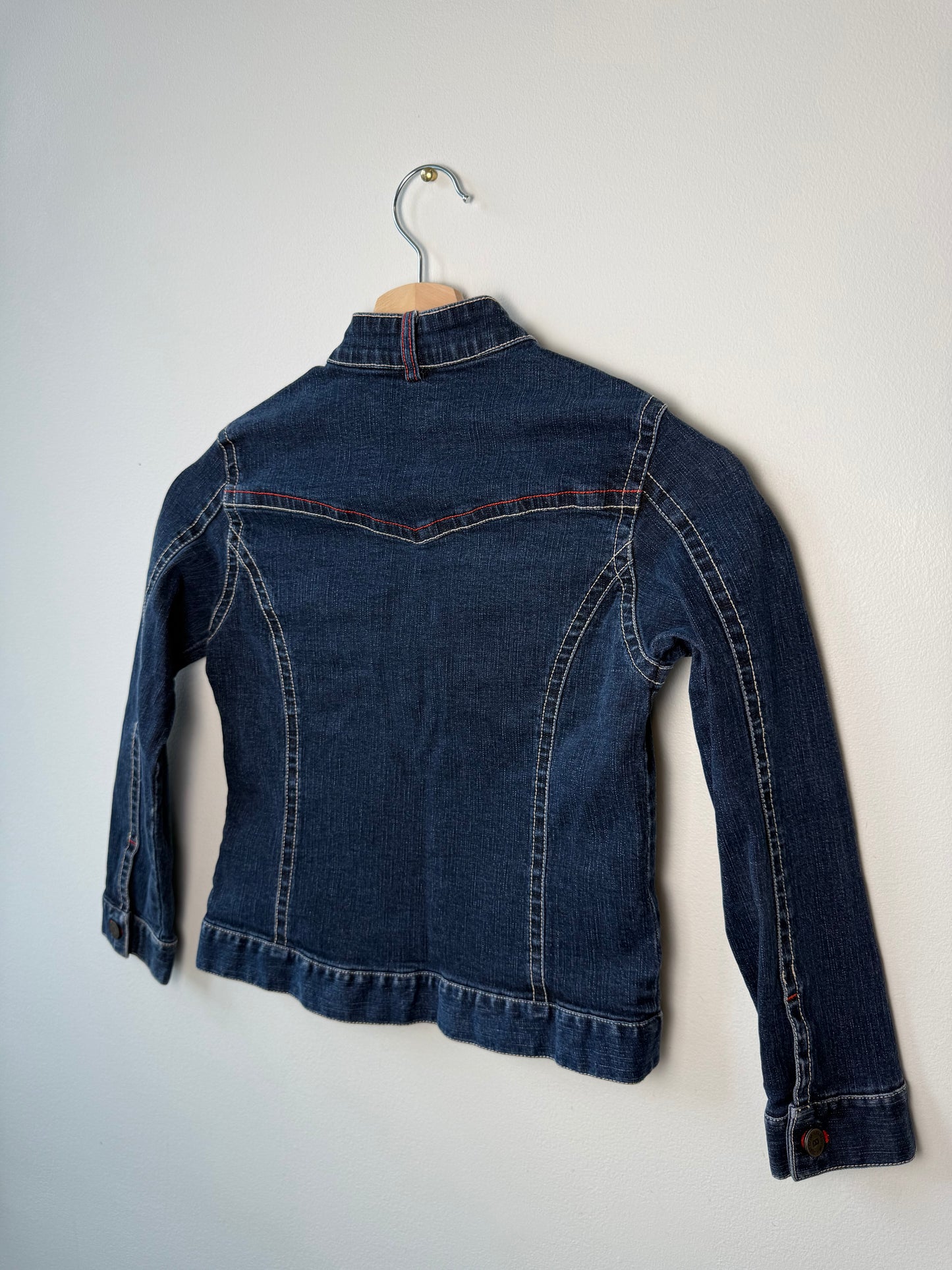 Y2K Best Club Kids' Dark Wash Denim Jacket with Red Stitching & Embroidery