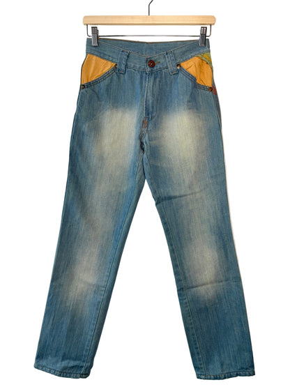 Y2K Replay Women's Blue Jeans with Yellow Pockets & Colorful Stitching