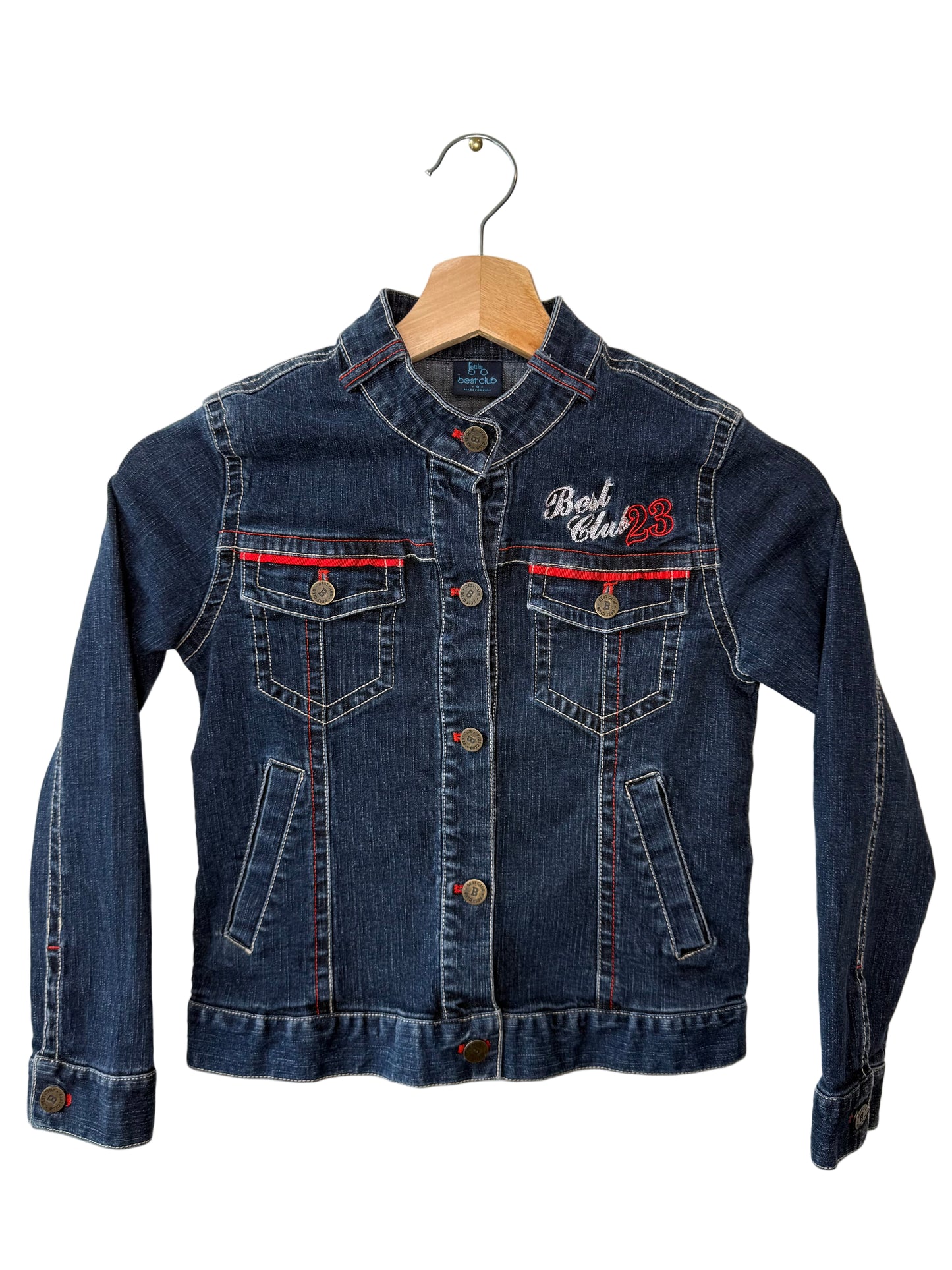 Y2K Best Club Kids' Dark Wash Denim Jacket with Red Stitching & Embroidery