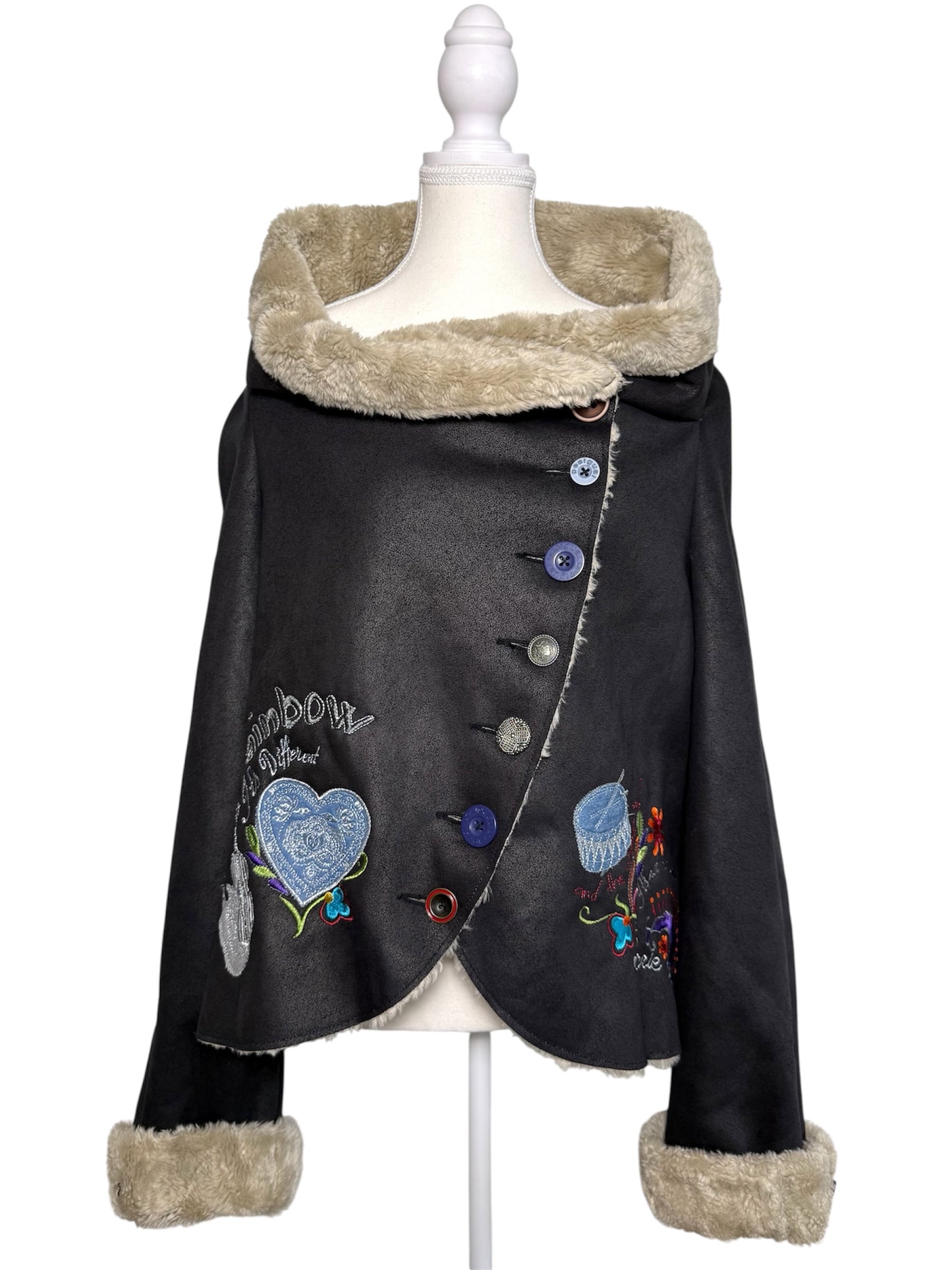 Y2K Desigual Rainbow Women's Black Faux Fur Black Jacket with Embroidery