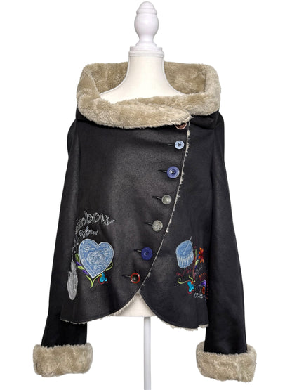 Y2K Desigual Rainbow Women's Black Faux Fur Black Jacket with Embroidery