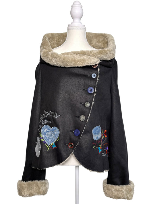Y2K Desigual Rainbow Women's Black Faux Fur Black Jacket with Embroidery