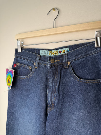 Unworn Vintage Y2K Mudd Girl's Dark Wash Flared Jeans with Silver Eyelets