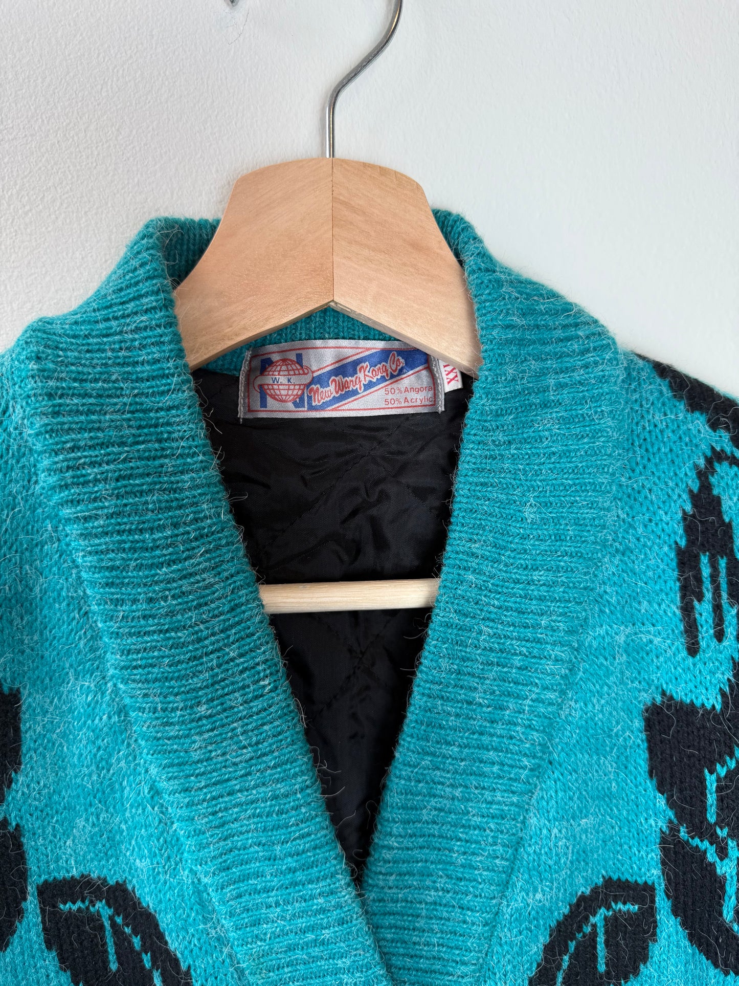 Vintage Women's Teal & Black Sweater Cardigan with Floral Patterns