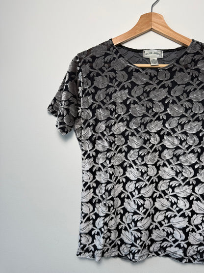 Vintage Frazier Lawrence Women's Silver & Black Floral Sheer Velvet Top