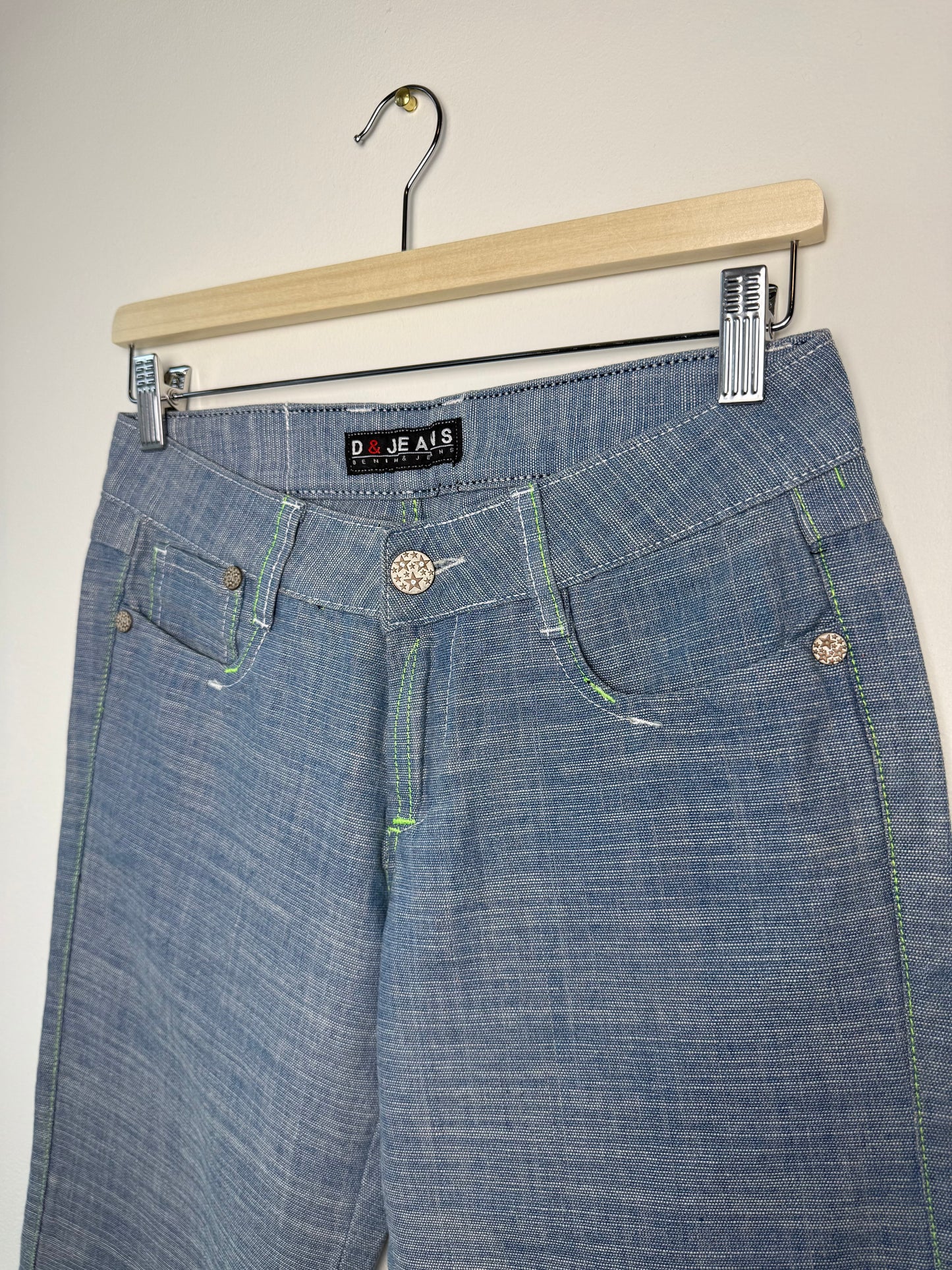 Y2K D&Jeans Women's Blue Jeans with White & Lime Green Stitching