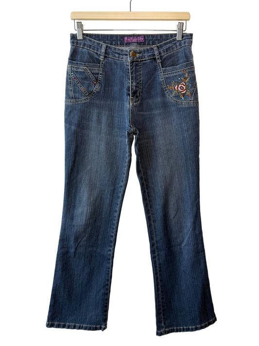 Y2K Bai Nian Xing Women's Blue Jeans with Floral Embroidery