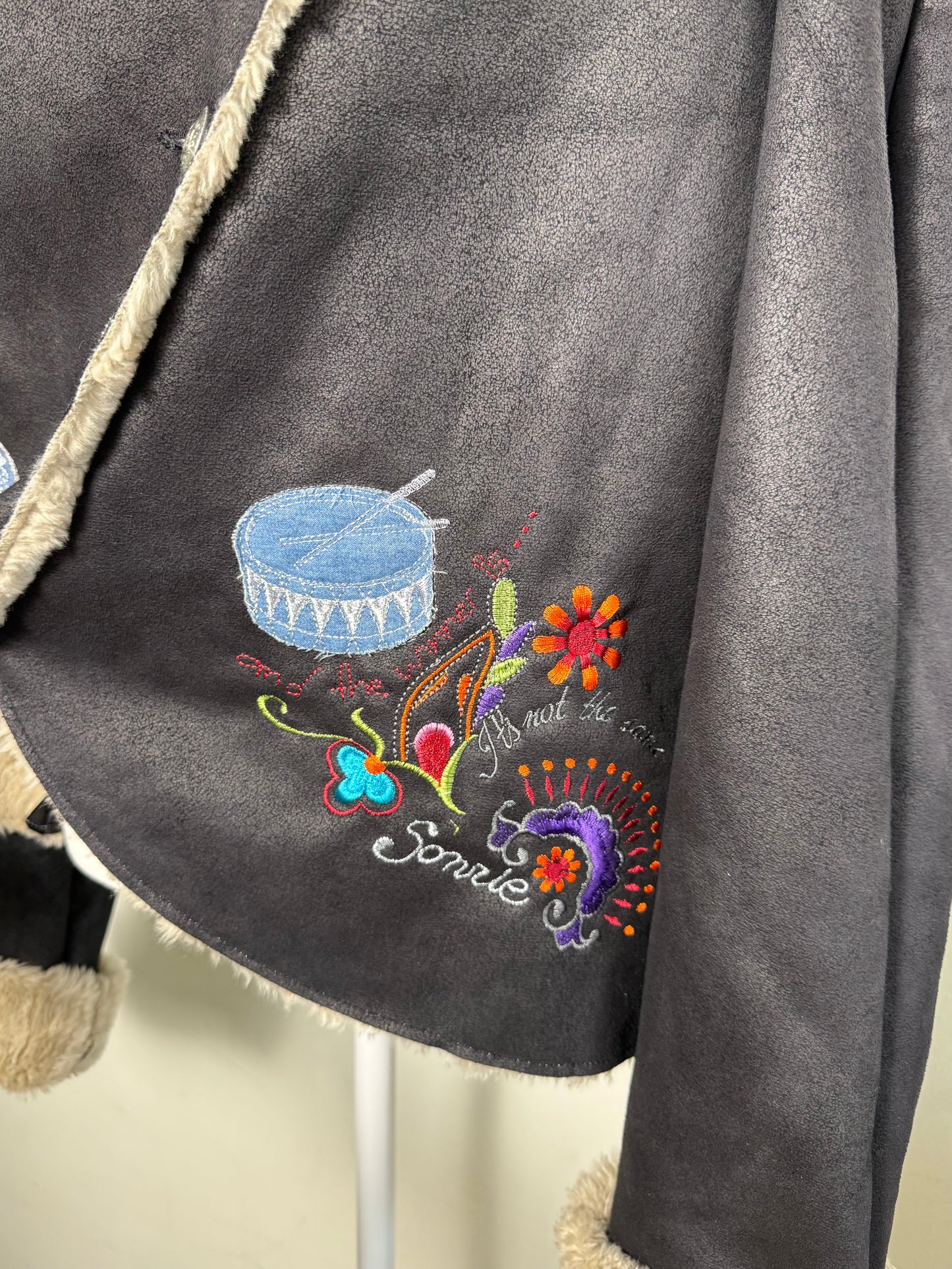 Y2K Desigual Rainbow Women's Black Faux Fur Black Jacket with Embroidery