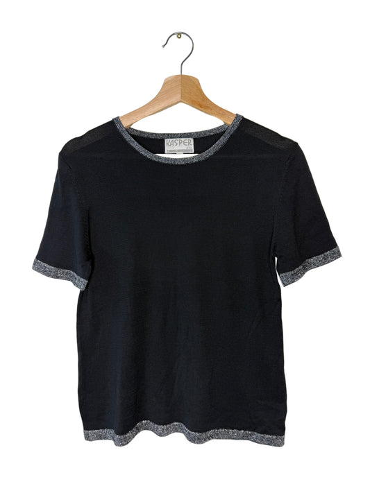 Vintage Kasper Women's Black Short-Sleeve Knit Top with Silver Trim