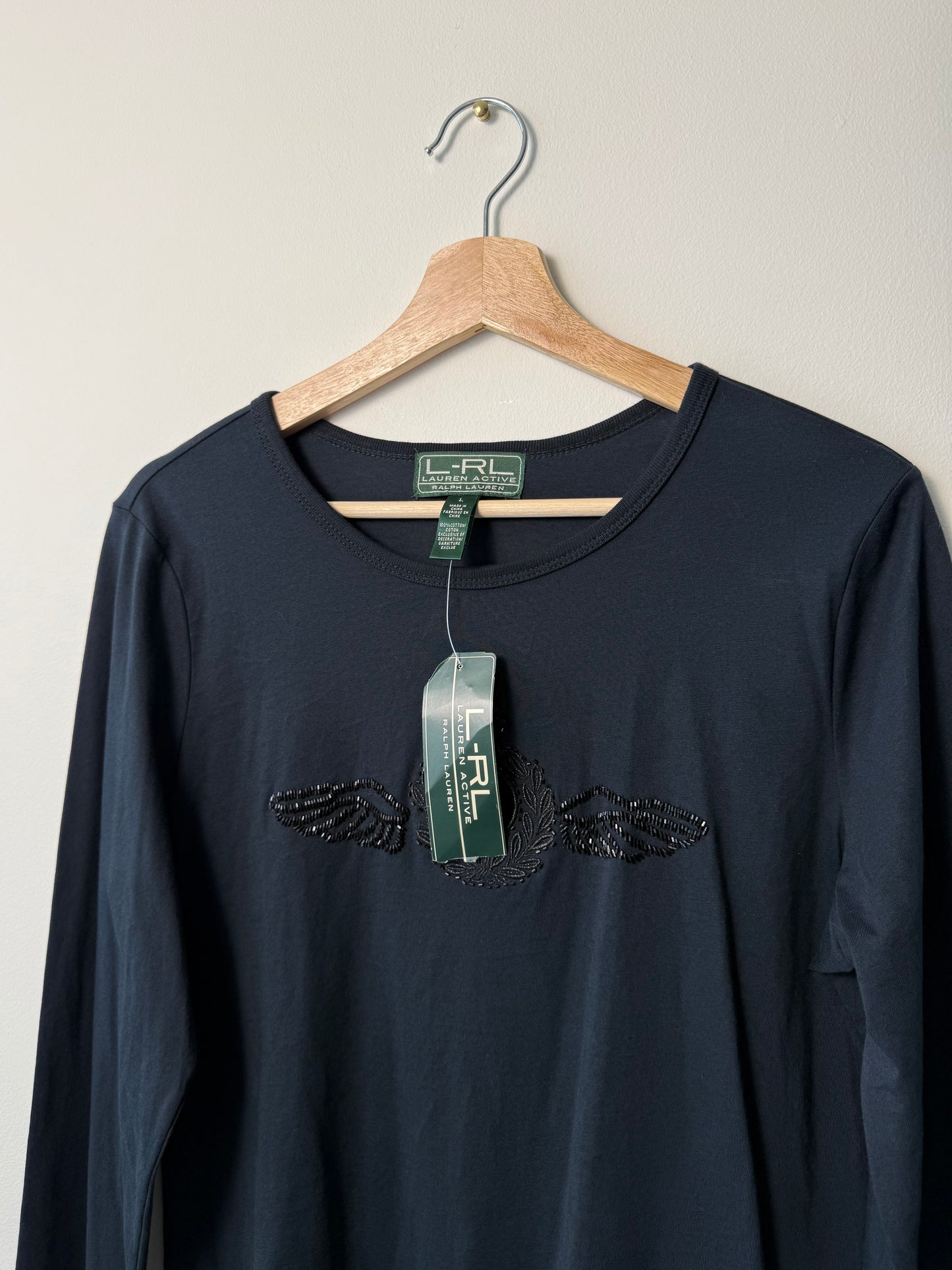 Unworn L-RL Ralph Lauren Active Beaded Crest Logo Black Long-Sleeve Shirt