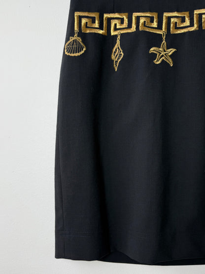 Vintage BESTINI Women's Black Pencil Skirt with Seashell Embroidery
