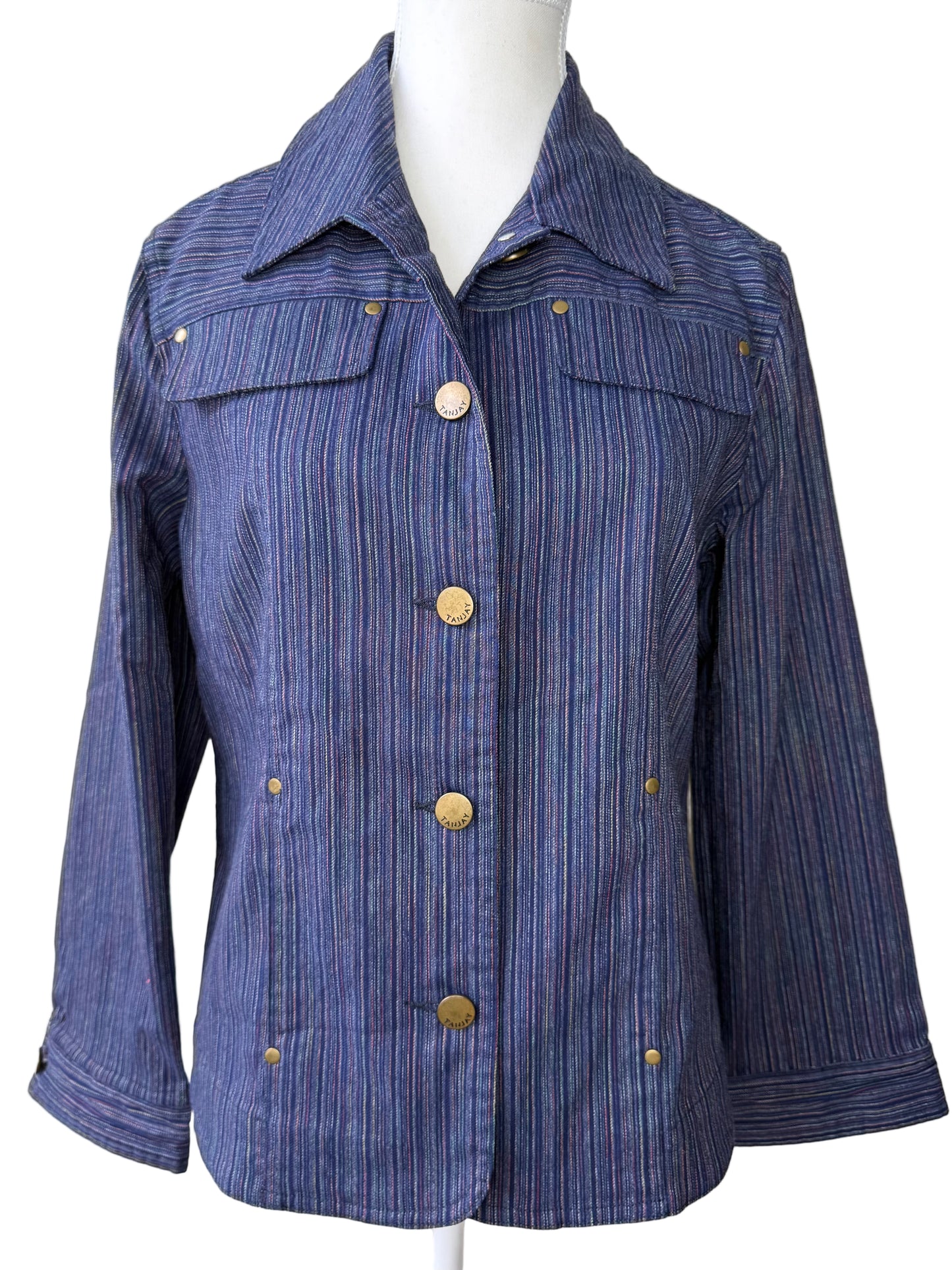 Vintage TANJAY Women's Blue & Colorful Striped Stretchy Jacket