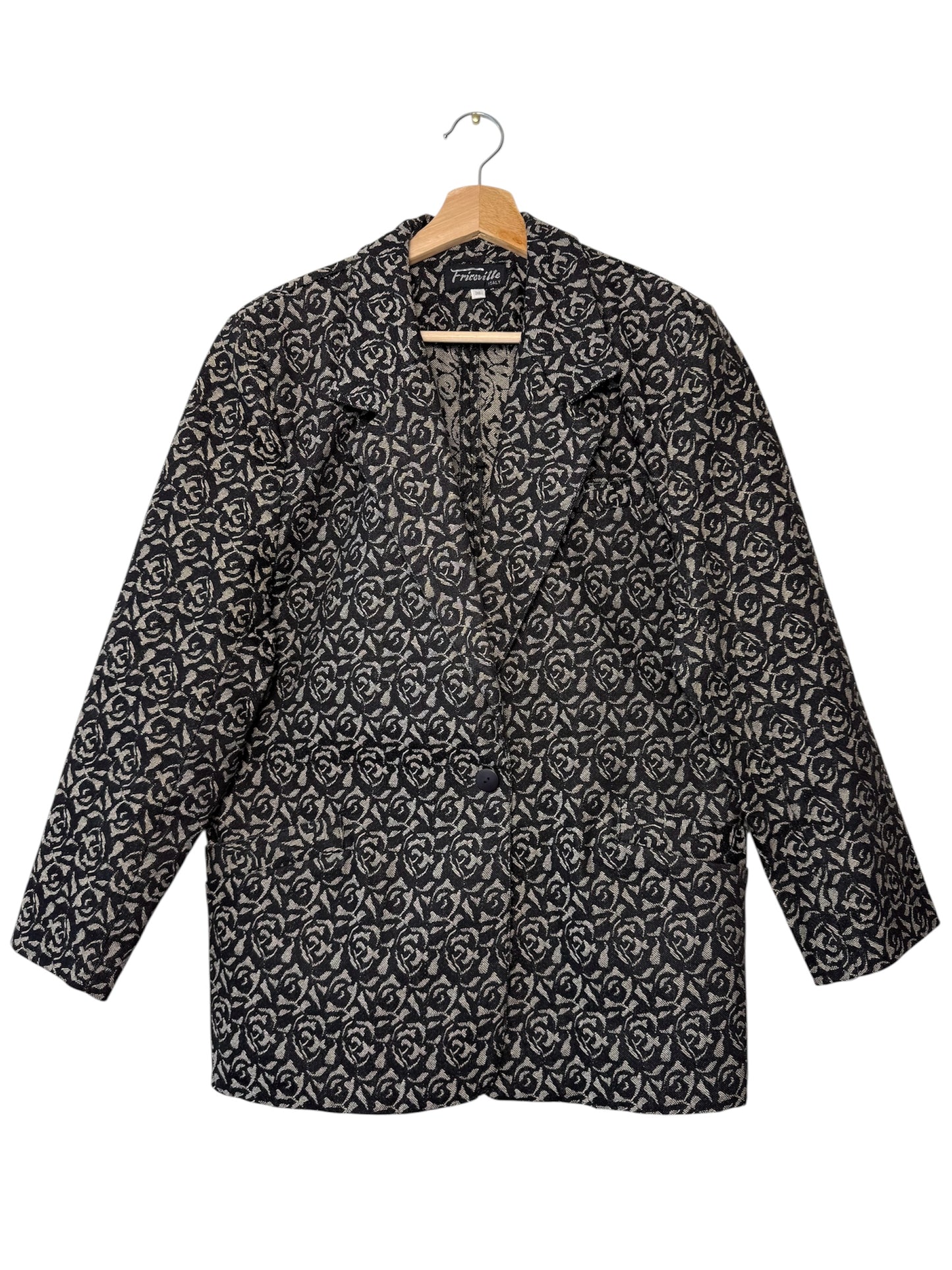 Vintage Fricoville Italy Women's Black & Gray Floral Jacquard Blazer