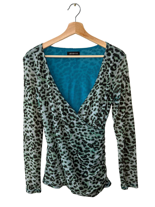 Jessica Women's Green Leopard Print Mesh Long-Sleeve Top