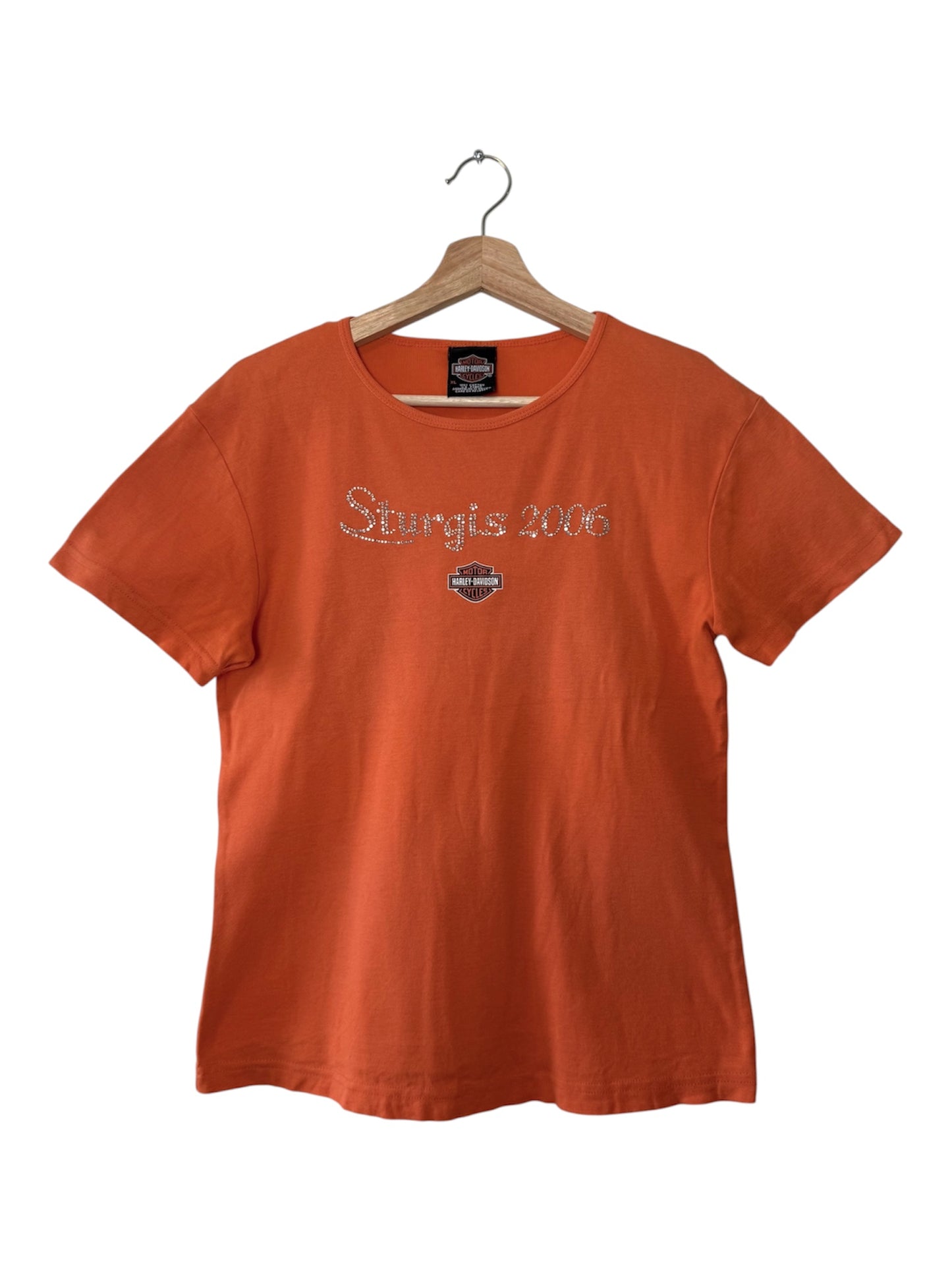 Y2K Harley Davidson Women's Orange Sturgis Rally T-shirt with Rhinestone Details