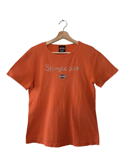 Y2K Harley Davidson Women's Orange Sturgis Rally T-shirt with Rhinestone Details