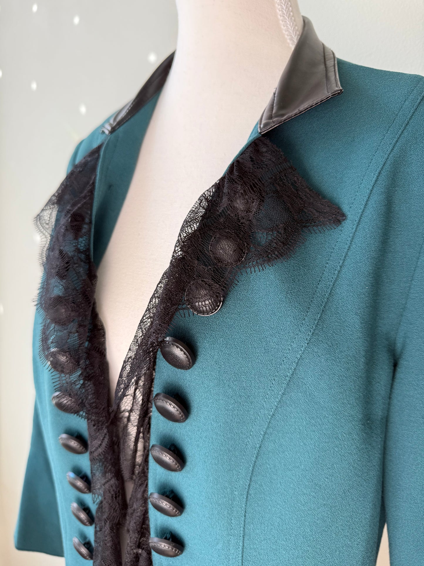 INSIGHT New York Women's Teal Jacket with Faux Leather Collar & Lace