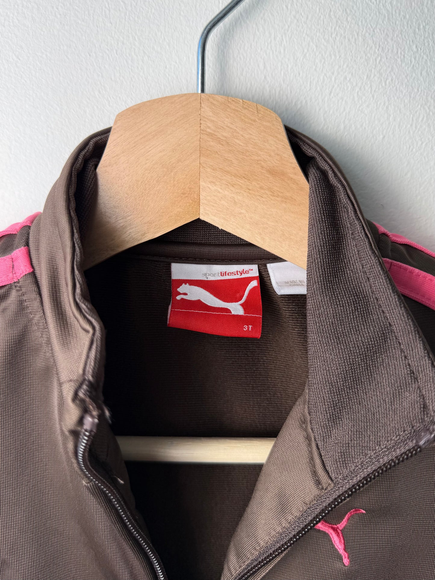 PUMA Girls' Brown Track Jacket With Pink Stripes