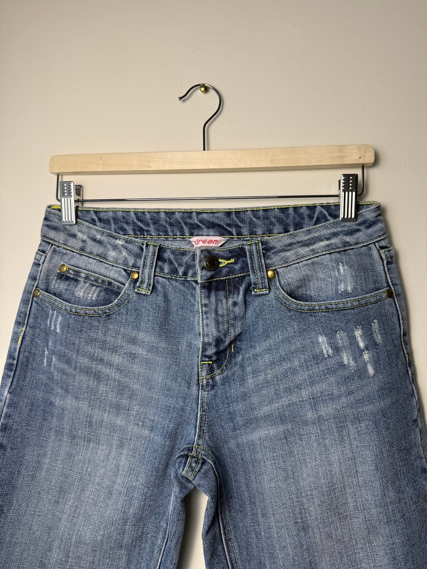 Y2K Dream Women’s Blue Denim Shorts/Jorts with Green Stitching
